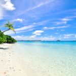 Playa de arena blanca y mar turquesa con palmeras, ambiente caribeño tipo Punta Cana