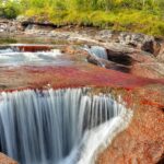 Caño Cristales: el agua cae en una cascada dentro de una poza de roca, rodeada de plantas acuáticas rojas y una orilla con vegetación verde