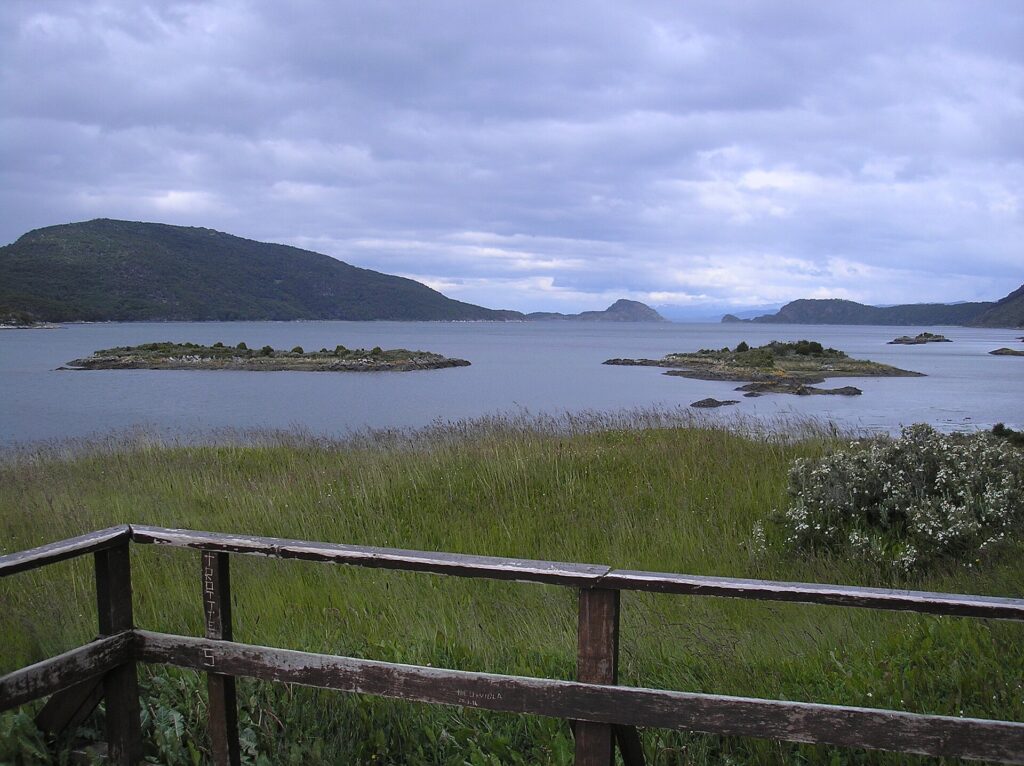 Parque Nacional Tierra del Fuego: bahía de aguas grises con islotes verdes y cerros bajo un cielo nublado, detrás de una baranda de madera y pastos altos